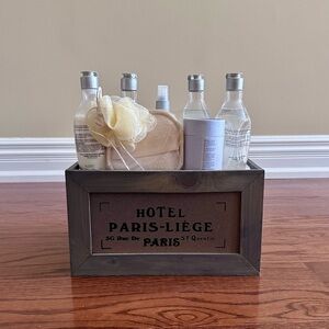 Paris Hotel crate with shower gel lotion soap shabby chic Provance cottagecore